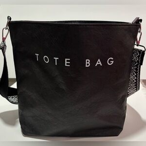 Black Faux Leather Crossbody Tote • Adjustable Woven Strap • Zipper Closure